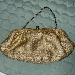 Vintage Metallic Gold Tapestry Evening Bag Purse Clutch Chain Clasp